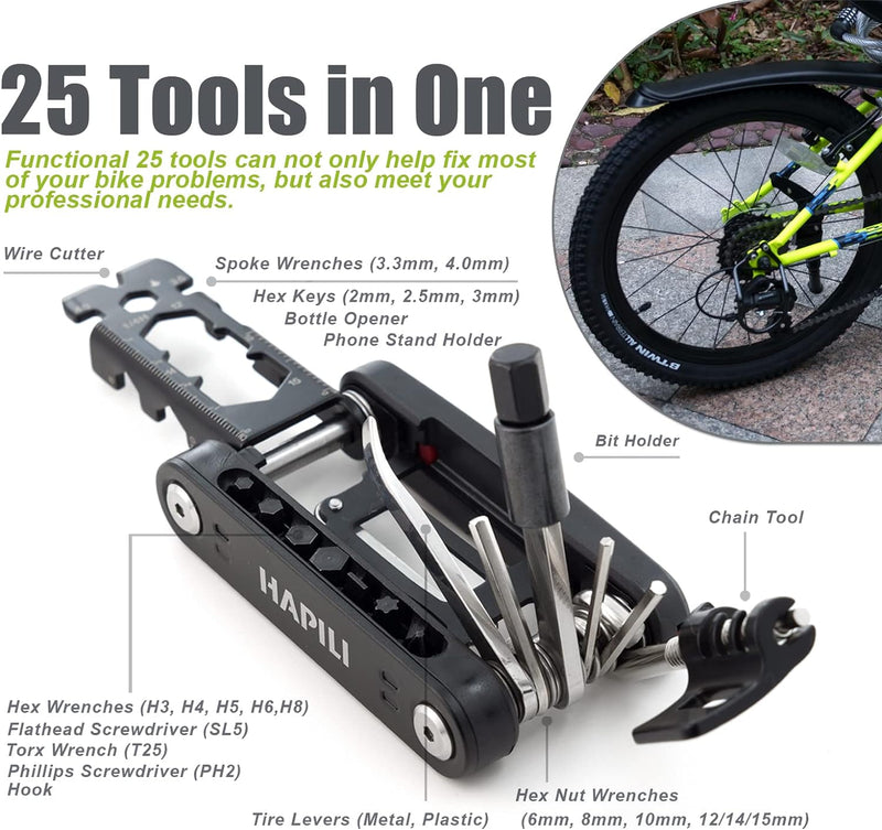 HAPILI Bicycle Multi Tool - 25 in 1 Bike Tools - Reliable, Compact & 195g Lightweight Repair Kit for Road and Mountain Bikes - Strong Stainless Steel Bike Tools