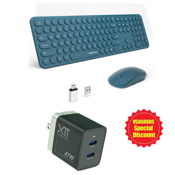 XTREMTEC XT-K102 2.4G Ultra Thin Quiet Wireless Keyboard and Mouse and 47W GaN Mini Fast Charger Combo
