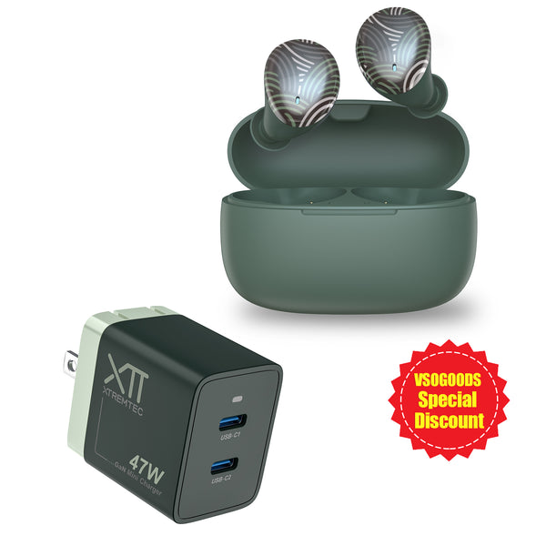 XTREMTEC XT200 Wireless Bluetooth Earbuds and 47W GaN Dual-Port Fast Charger Combo(Green)