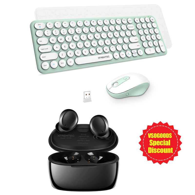 XTREMTEC K101A 2.4G Ultra Thin Quiet Wireless Keyboard and Mouse and XT100 Wireless Bluetooth Earbuds Combo