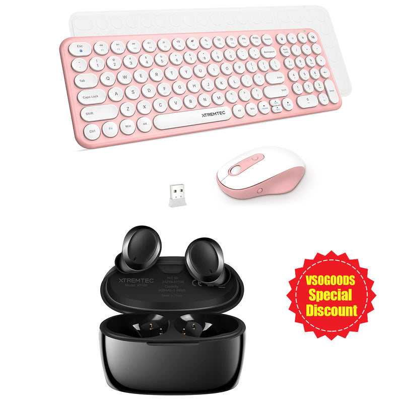 XTREMTEC K101A 2.4G Ultra Thin Quiet Wireless Keyboard and Mouse and XT100 Wireless Bluetooth Earbuds Combo