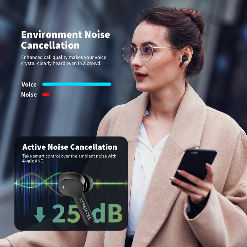 XTREMTEC XT300 Wireless Bluetooth Earbuds, ANC & ENC Noise Canceling,with Wireless Charging Case