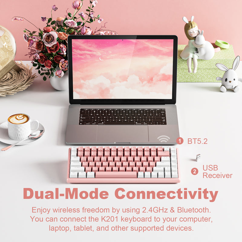 XTREMTEC K201 Wireless Bluetooth Backlit Hybrid Mechanical Keyboard（White/Pink）